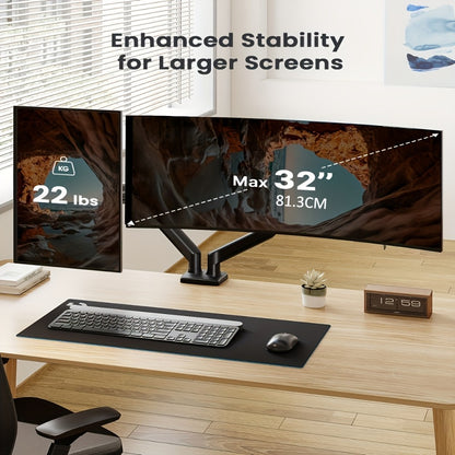 Aluminum Alloy Gas Spring Monitor Arm 19.8 lbs, Full Motion Swivel Tilt Rotate, Ergonomic Desk Mount for 13-32 Inch Screens, C-Clamp & Grommet Base, Space-Saving Home Office Stand