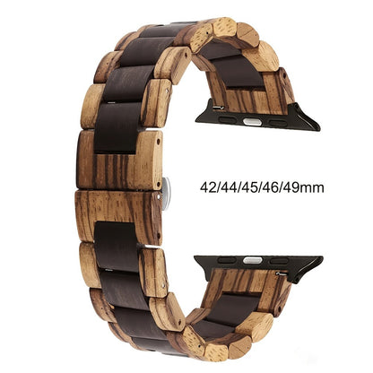 Wood Apple Watch Band Natural Walnut & Blackwood Replacement Strap – Lightweight Adjustable Buckle, Compatible with Apple Watch Series 3–10 SE Ultra 38 40 41 42 44 45 49mm – Dark Brown Black Mixed