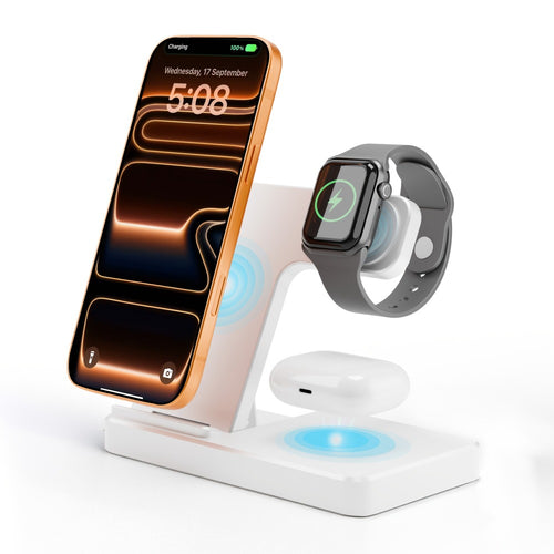 Vertical Horizontal Wireless Charging Station 3-in-1 Foldable 15W LED Indicator – Fast Charger for iPhone 17/16/15/14/13/12, Apple Watch Ultra 2/Series 10/9/8/7 & AirPods Pro 4/3/2 | Portrait Landscape Stand | Black & White
