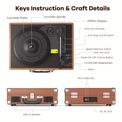 Bluetooth Vinyl Record Player with Built-in Speakers, Maio C200 3-Speed Belt-Driven Turntable, Hi-Fi Stereo Gramophone, 3.5mm Output, RCA Out, Suitcase Style, Best Holiday Gift for Music Lovers