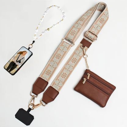 Crossbody Phone Strap Wallet Pouch with Beaded Charm Detachable Wrist Lanyard Card Holder Hands-Free Shoulder Strap for Women Girls iPhone Samsung – Green Purple Brown Pink 5 Colors