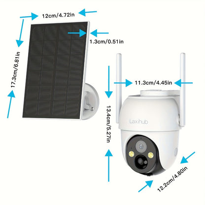 Wire-Free Solar Outdoor Security Camera 3MP PTZ 360° Pan-Tilt, AI Human Detection, Color Night Vision, Two-Way Audio, 2.4G WiFi, Cloud & SD Storage – Laxihub GO2T Wireless Weatherproof Camera