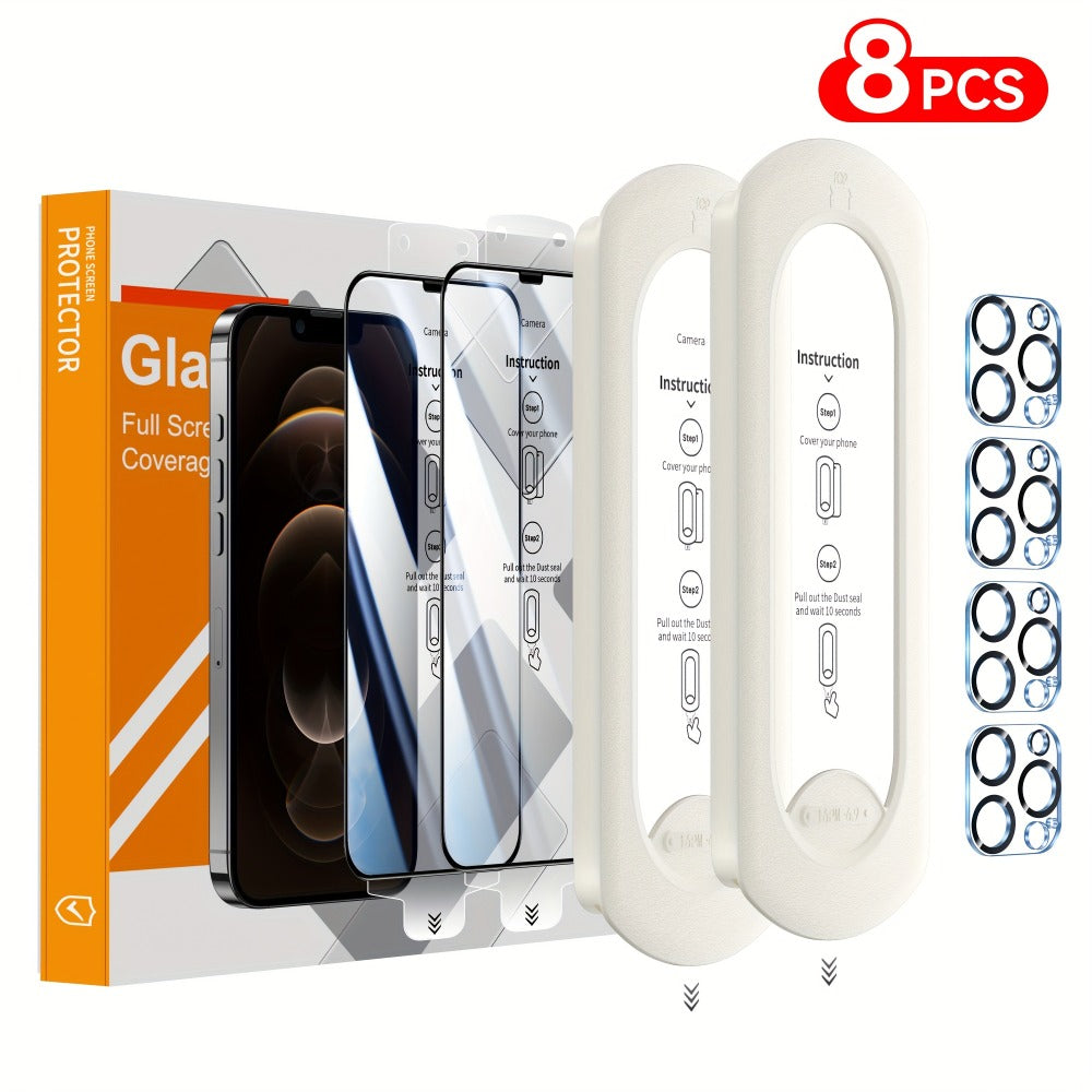 9H Tempered Glass Screen Protector for iPhone 8-Pack with Alignment Tool – 4 Screen + 4 Camera Lens, HD Clear, Bubble-Free, Case Compatible, iPhone 16 Pro Max / 15 / 14 / 13 / 12 / 11 Series