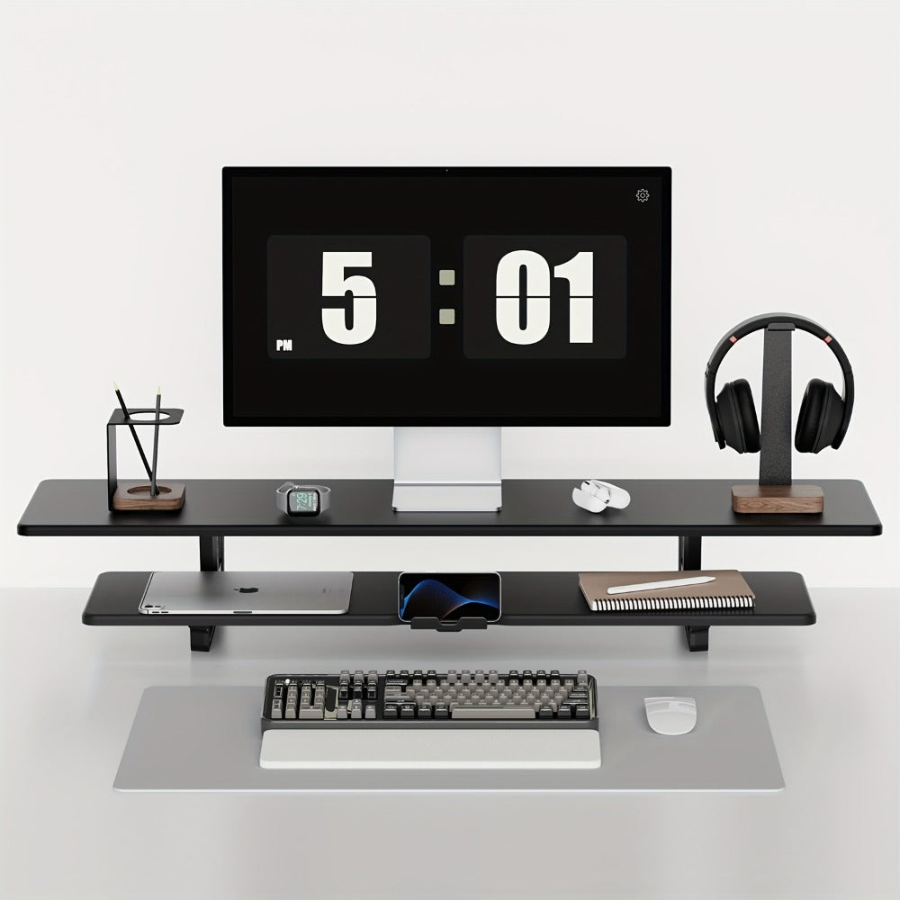 Dual Monitor Stand Riser with Storage E-Sports Style, Adjustable Height Ergonomic Desk Organizer with Cable Management, Modern Minimalist Desktop Stand for Home Office Gaming Setup, Black & White