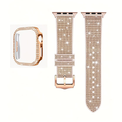 Apple Watch Band with Case Crystal Rhinestone Bling, Chameleon Color-Shift Strap + Shockproof Hard PC Cover, Compatible with Apple Watch Series 1-9 SE Ultra 38mm to 49mm S10 – Rose Gold Black Silver Women