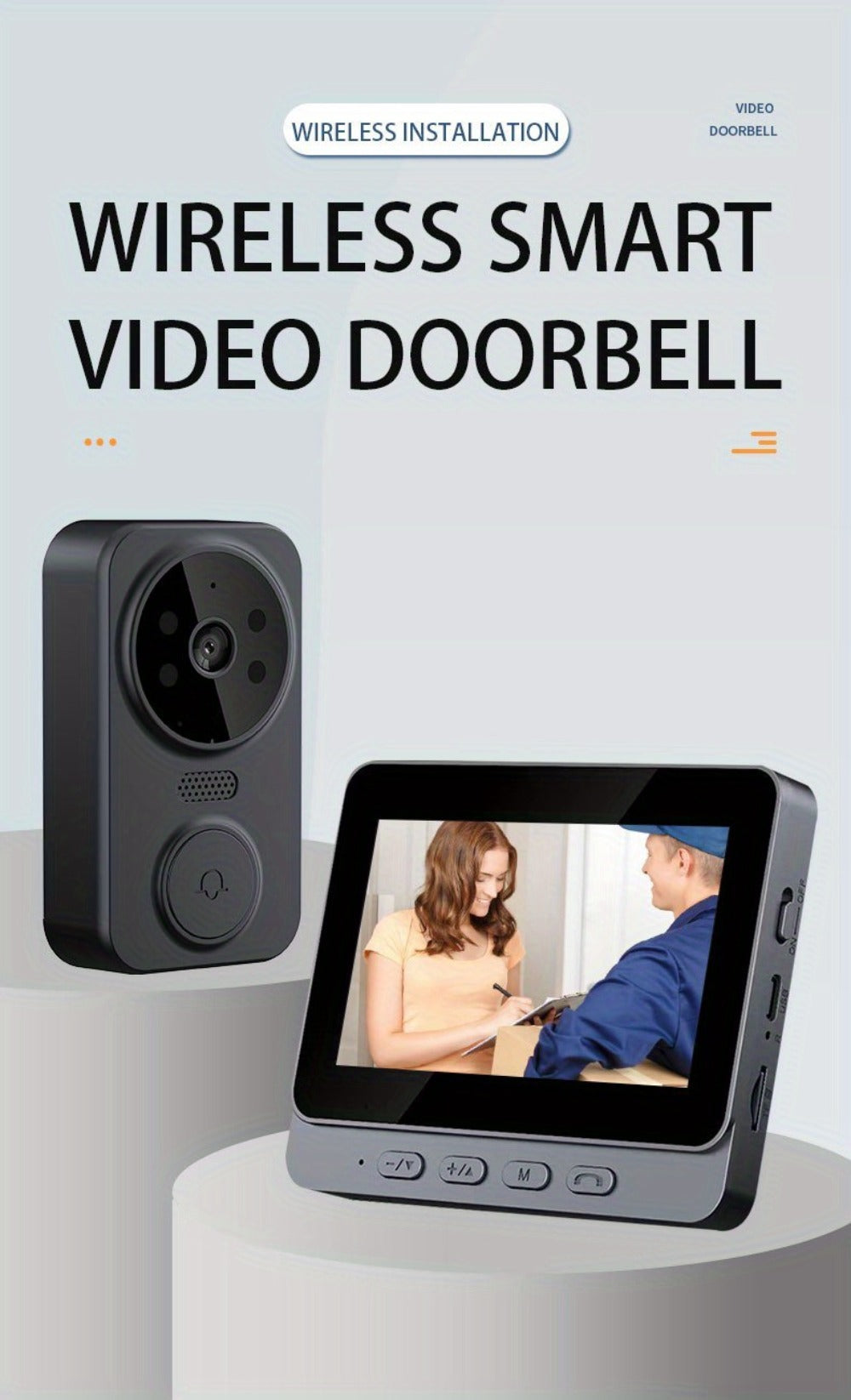 1296P Video Doorbell with 4.3" Indoor Monitor & Local SD Storage - No WiFi No App Required, Two-Way Audio, IR Night Vision, 1200mAh 2-Month Battery, 120° Wide Angle, One-Key Pairing, Black