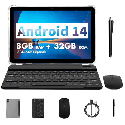 PRITOM Octa-Core Android 14 Tablet 10.1 Inch 8GB RAM 32GB ROM 2-in-1 with Keyboard Mouse Stylus & Protective Case, 1TB Expandable, Dual Camera, No WiFi Offline Tablet PC for Work Study Entertainment