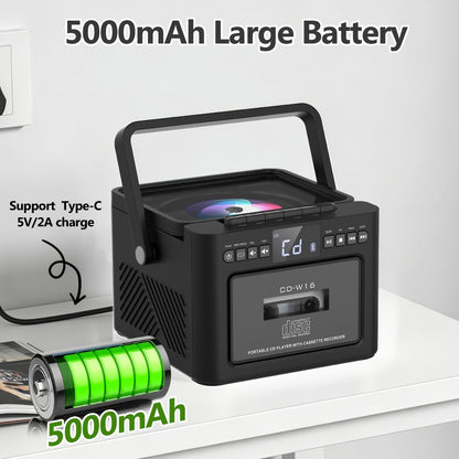 Portable Boombox CD Player with Cassette Tape, FM Radio & MP3 Player, HiFi Stereo Speaker System, 5000mAh Rechargeable Battery, USB AUX TF Card Playback, Retro All-in-One Audio System Gift