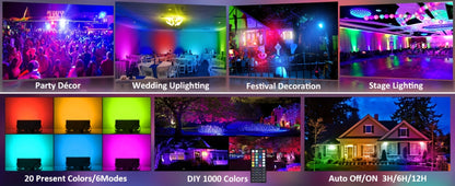 RGB LED Flood Light 25W Outdoor Color Changing - 1000 DIY Colors, 44-Key Remote, Strobe & Fade Modes, Memory Function, Multi-Pack for Party, Stage, Garden, Halloween & Christmas Uplighting