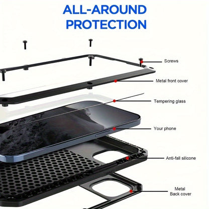 Heavy Duty iPhone Case Metal Frame Built-in Glass Screen Protector Dustproof Shockproof Full Body for iPhone 16 Pro 16 Plus 16 15 Pro Max 15 Pro 15 Plus 14 Pro 13 Pro Max 13 12 11 – Military Grade