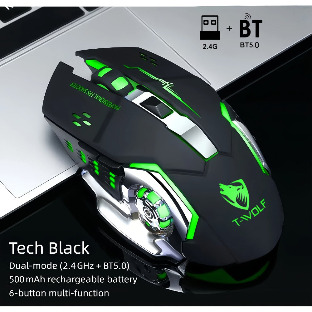 Ergonomic Silent Wireless Mouse T-WOLF Rechargeable Dual-Mode BT5.0 & 2.4G – Full-Size RGB Comfort Mouse for Work Study Gaming, Aesthetic Desk Setup, Back to School Gift for PC Laptop Mac