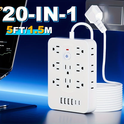 Compact Flat Plug Power Strip 20-in-1, 14 AC Outlets & 6 USB Ports (4 USB-A + 2 USB-C), Lightning Surge Protection, Space-Saving Extension Cord for Home Travel Office Kitchen – Overload Protection
