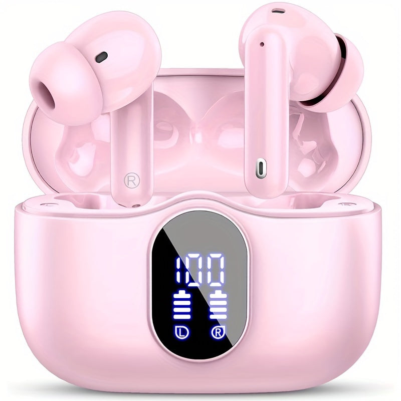 Wireless Earphones Bluetooth 5.3, 40-Hour Playtime, Bass Stereo Sound, LED Display, Noise-Cancelling Mic, Type-C Charging - In-Ear Earphones for Laptop, Tablet, Phone & Sports