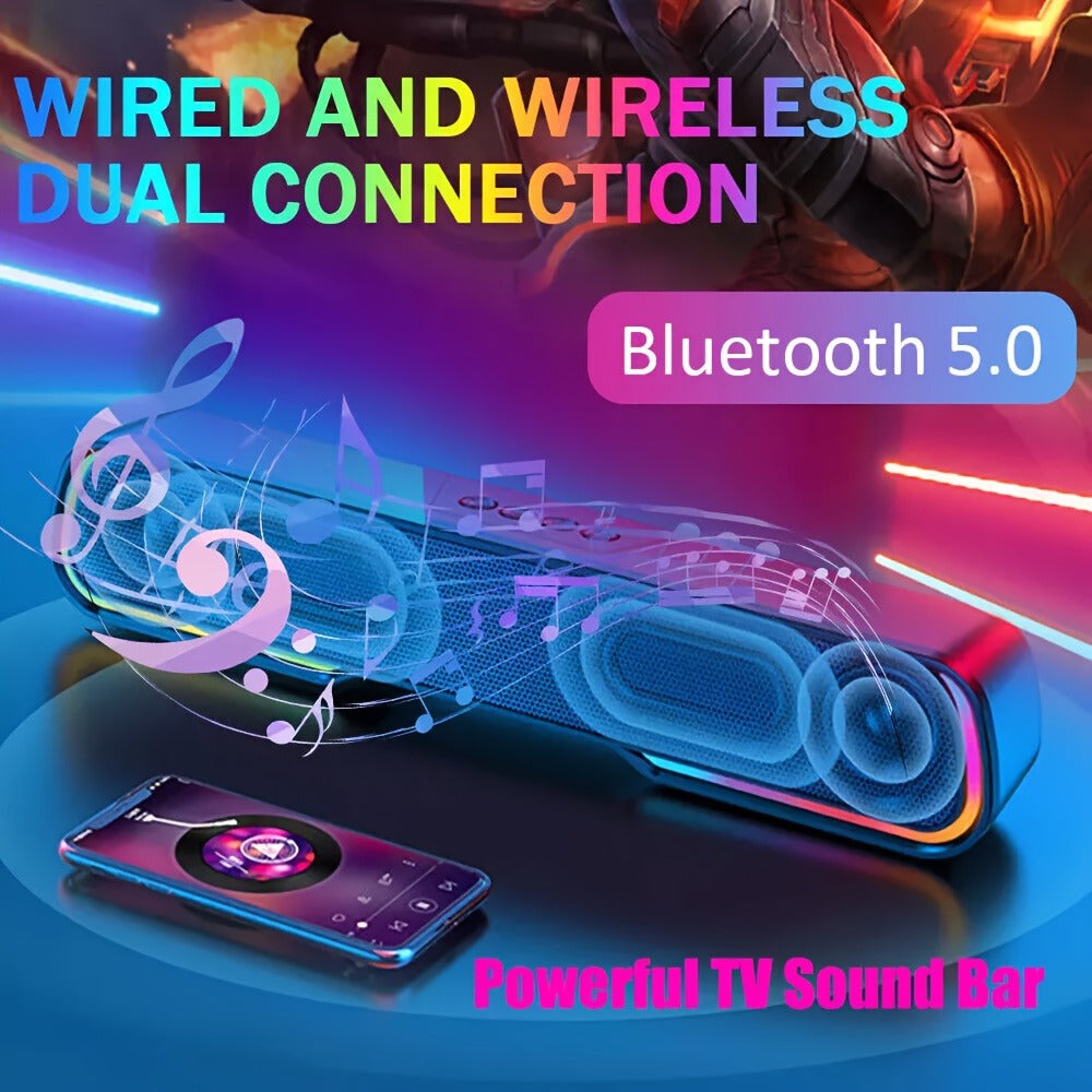 HiFi Soundbar with Subwoofer and RGB Lights, Bluetooth 5.0 Home Theater Speaker, FM Radio TF Card USB AUX TWS, Surround Sound for TV PC Laptop Gaming Console Smartphone Tablet