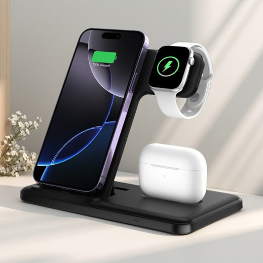 USB-C 3-in-1 Wireless Charging Station Upright Stand – Fast Charge Dock for iPhone 16 15 14 13 12 Pro Max, Apple Watch Ultra Series 10 9 8 7 SE & AirPods Pro 2 | Black & White