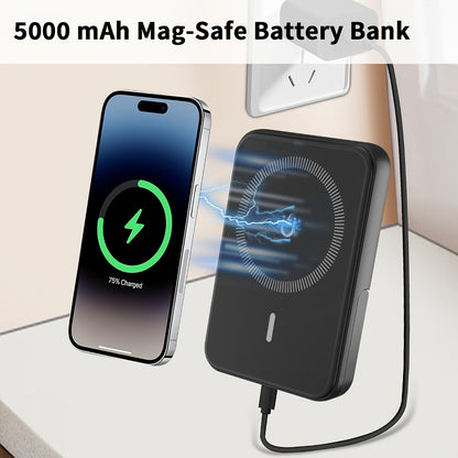 3-in-1 Wireless Charging Power Bank 15W for iPhone 17 16 15 14 13 12 Pro Max, Apple Watch Ultra Series 10 9 8 7 6 5 SE & AirPods 4 3 2 Pro – Portable Magnetic No-Outlet Travel Charger, White & Black