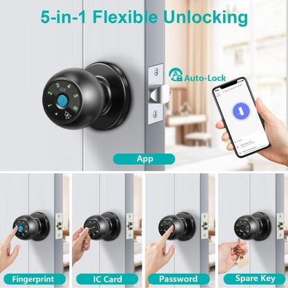 Biometric Handle Lock 5-in-1 Keyless Entry with Fingerprint, App, IC Card, Password & Backup Key – Silent Mode, Anti-Peep Keypad, Electronic Smart Door Handle for Bedroom Apartment Interior Door