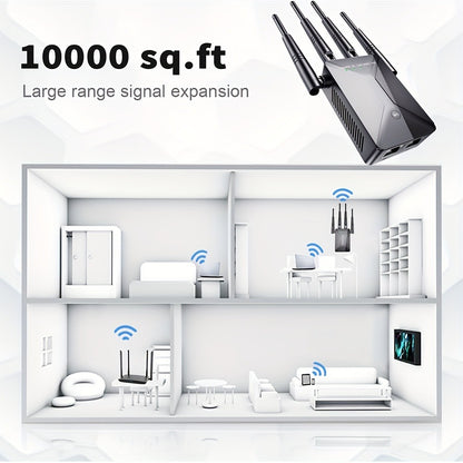 Ethernet Port WiFi Booster 1200Mbps Dual Band 5GHz & 2.4GHz, Up to 89% Faster WiFi Extender, 2026 Latest Upgraded Internet Signal Repeater for Gaming Smart TV Remote Work Large Home, Black