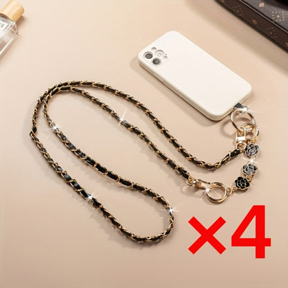 Crossbody Phone Strap Long Chain Pearl Camellia Metal Charm Elegant Lanyard for Women Girls – Clip-On Universal Fit iPhone Samsung Black White 2-5pcs Gift Set