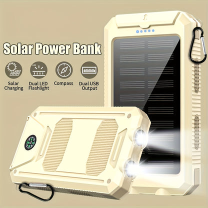 29800mAh Solar Power Bank with Compass & Dual LED Flashlight – Outdoor Camping Portable Charger, Dual USB 5V Output, SOS Emergency Battery Pack for Cell Phones & Mobile Devices, Black/Orange