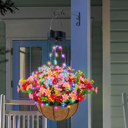 Solar Hanging Flower Basket with RGB String Lights – 10 Inch Artificial Flowers, Dusk-to-Dawn Auto On, Waterproof Outdoor Decor for Patio, Garden, Balcony & Front Porch | Pink Purple Orange