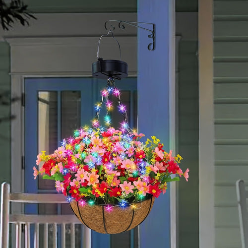 Solar Hanging Flower Basket with RGB String Lights – 10 Inch Artificial Flowers, Dusk-to-Dawn Auto On, Waterproof Outdoor Decor for Patio, Garden, Balcony & Front Porch | Pink Purple Orange
