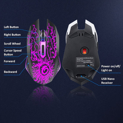 RGB Wireless Gaming Mouse Rechargeable Silent Click Colorful LED Lights 2.4G USB Nano Receiver USB-C Charging PC Mac Laptop Desktop Chromebook Black White Pink