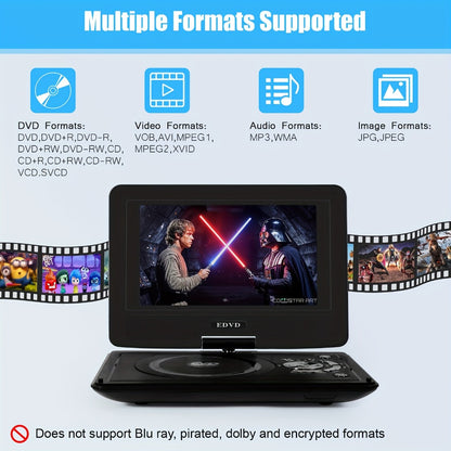 9 Inch Portable DVD Player for Kids Car Travel, Rechargeable Battery, Region Free, Dual Speakers, Earphone Jack, USB SD Card, Swivel Screen, Headrest Mount, Supports DVD CD VCD AVI MP3 JPEG
