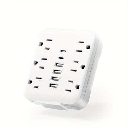 Bedside Wall Power Strip 12-in-1 with 6 AC Outlets, 4 USB-A & 2 USB-C Ports – Multi-Socket Charging Station for Home, Office, Bedroom & Travel, White & Black