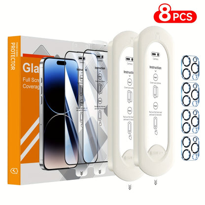 9H Tempered Glass Screen Protector for iPhone 8-Pack with Alignment Tool – 4 Screen + 4 Camera Lens, HD Clear, Bubble-Free, Case Compatible, iPhone 16 Pro Max / 15 / 14 / 13 / 12 / 11 Series