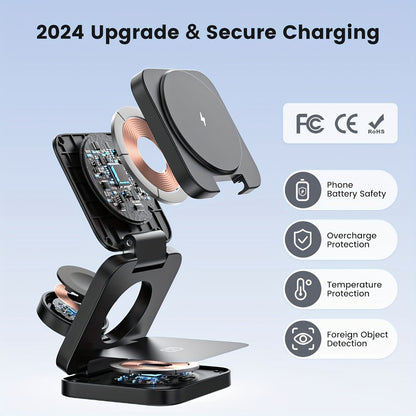 3-in-1 Foldable Travel Charging Station Magnetic Wireless Charger Dock for iPhone 17 16 15 14 13 12 Pro Max, Apple Watch Ultra 2 Series 9 8 7 6 5 4 3 2 SE, AirPods 4 3 2 Pro – Compact Portable – Black
