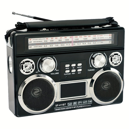Solar Powered Bluetooth Radio Retro Portable AM FM SW with LED Flashlight, TF SD USB AUX MP3 Playback, Telescopic Antenna & Leather Handle for Camping Emergency Outdoor