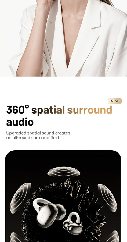 Philips TWS Ear Clip Sport Headset Hi-Fi Bass Stereo HD Calls Earhook Wireless Bluetooth for Music Gaming Business iOS Android Gift for Couples Valentine Black Gold