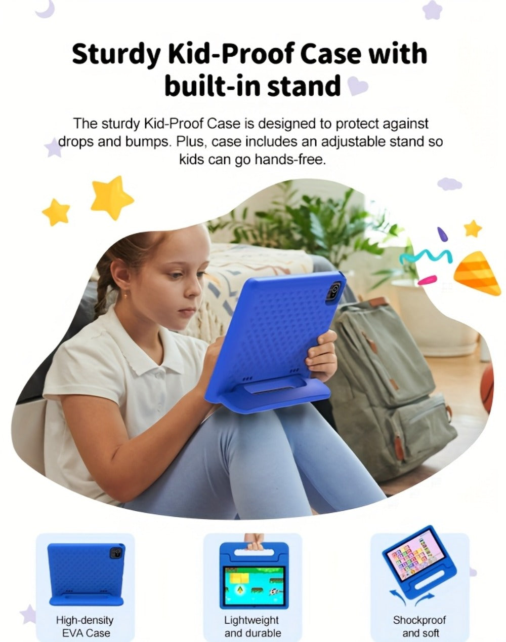 WiFi 6 Kids Tablet 10.1 Inch Android 6GB RAM 64GB ROM 5000mAh Dual Camera Parental Controls Eye Protection Preloaded Educational Apps Games Learning Tablet with Case Gift for Kids Blue Pink