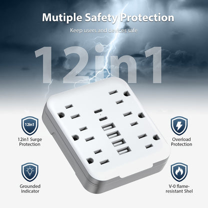 Compact 12-in-1 Mini Power Strip with 6 AC Outlets, 4 USB-A & 2 USB-C Ports – Portable Wall Charger Adapter, Multi-Socket Extension Outlet for Travel, School, Office & Home Use