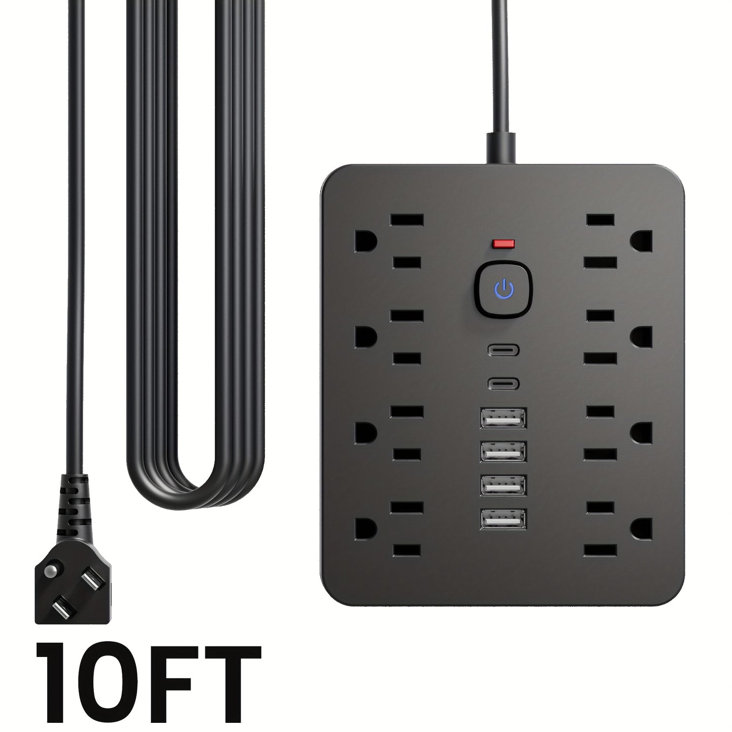 Flat Plug Wall Mount Power Strip 14-in-1 Surge Protector - 8 AC Outlets, 4 USB-A & 2 USB-C Ports, 5ft/10ft Extension Cord, Overload Protection, Desktop Charging for Home Office