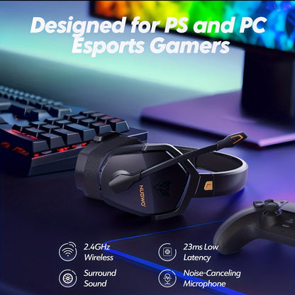 2.4GHz Wireless Gaming Earphones NUBWO G06, 7.1 Surround Sound, 23ms Ultra-Low Latency, 100H Battery, Dual Directional Mic, PC PS5 Console Mobile Compatible, Bluetooth & Wired Modes, Black