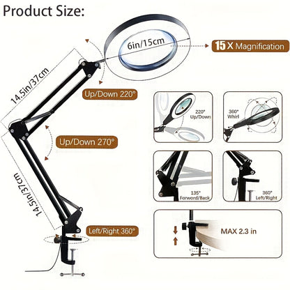 15X Magnifying Lamp with Clamp & Flexible Arm – USB LED Desk Light, 3 Color Modes 10 Brightness Levels, 360° Adjustable for Reading, Manicure, Eyelash, Sewing, Grooming & Precision Work