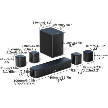 5.1 Surround Sound Bar System with Wired Subwoofer 2 Surround Speakers App Control SurroundX Technology 6 EQ Modes Optical AUX Home Theater TV Soundbar for Smart TV