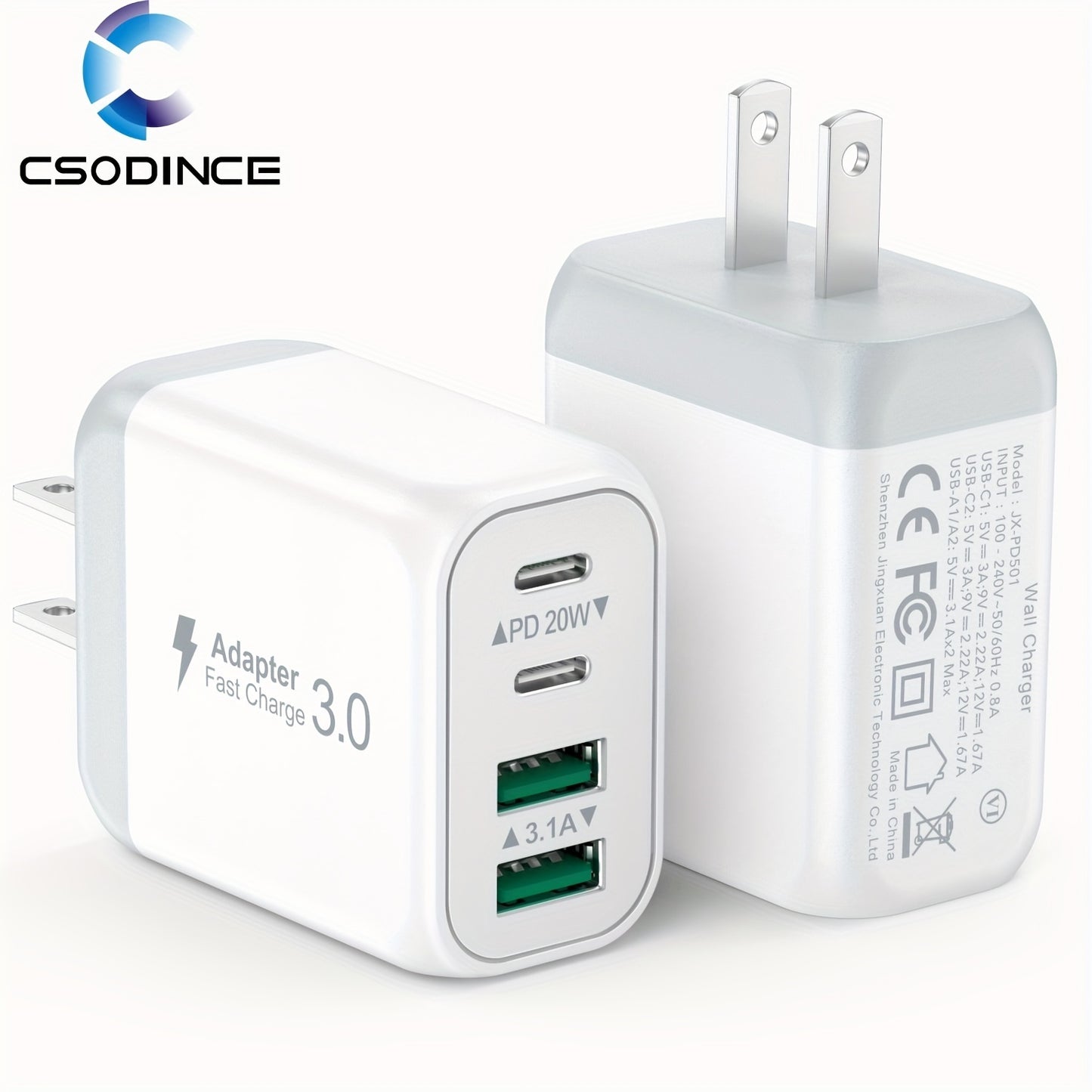 40W 4-Port USB-C Wall Charger 2-Pack PD 3.0 Fast Charging Block Cube – Multi-Port Charger for iPhone 15 14 13 12 XR SE iPad Pro Mini Air Google Pixel Android – Type-C Power Adapter Duo