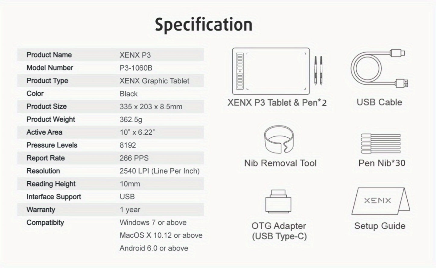 XENX Graphics Drawing Tablet 10 x 6.22 Inch, 8192 Pressure Sensitivity Battery-Free Passive Stylus, 10 Customizable Hotkeys, Compatible with Mac Windows Android, Wacom Alternative for Digital Art Illustration Design Online Teaching
