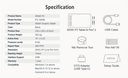 XENX Graphics Drawing Tablet 10 x 6.22 Inch, 8192 Pressure Sensitivity Battery-Free Passive Stylus, 10 Customizable Hotkeys, Compatible with Mac Windows Android, Wacom Alternative for Digital Art Illustration Design Online Teaching