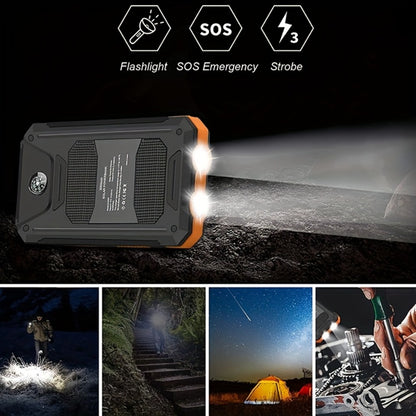 42800mAh Solar Power Bank Wireless Charging with 4 Built-In Cables – 6 Output Ports 15W Fast Charge Dual LED Flashlight Portable Battery Pack for iPhone Samsung Android Camping Travel Emergency