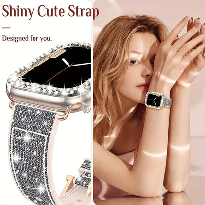 Apple Watch Band with Case Crystal Rhinestone Bling, Chameleon Color-Shift Strap + Shockproof Hard PC Cover, Compatible with Apple Watch Series 1-9 SE Ultra 38mm to 49mm S10 – Rose Gold Black Silver Women