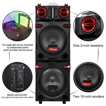 Karaoke Party Bluetooth Speaker with Sound Reactive Lights, 1000W Peak DJ Subwoofer Stereo Boombox, USB SD AUX FM Radio, Telescopic Rod Remote Control for Outdoor Indoor Party