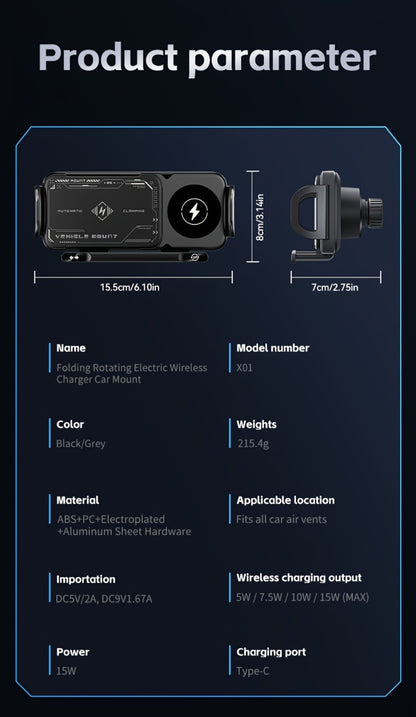 Car Wireless Charger Mount for Samsung Galaxy Z Fold 15W Auto-Clamping Fast Charging Holder – 360° Rotating Ball Joint, Air Vent & Center Console Mount, Super Capacitor Power-Off Delay | All Qi Phones
