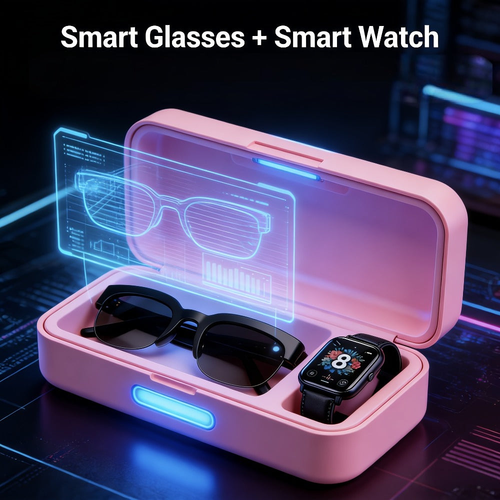 AI Smart Glasses with Real-Time Multi-Language Translation – Bluetooth Wireless Mic & Speaker, Hands-Free Calls & Music + Full Touchscreen Smartwatch Bundle | Wearable Tech Gift for Men Women