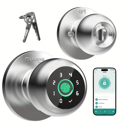 GHome Smart Lock Knob with Fingerprint & Keypad - USB-C Rechargeable, App-Controlled Keyless Entry, Auto-Lock, Passage & Privacy Mode, K10 / K10 PRO / K20 / KD03 PRO, for Home Bedroom Office
