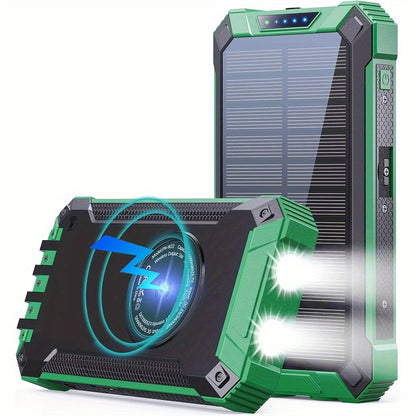 Solar Power Bank 46800mAh Wireless Charging 4 Built-in Cables Dual LED Flashlight 15W Fast Charge Outdoor Camping Hiking Emergency Battery Pack iPhone Android Red Green Blue Black Orange