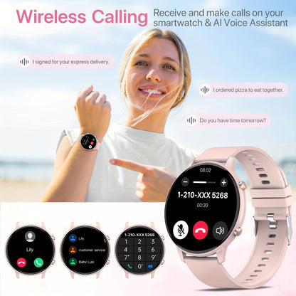 Voice Assistant Smartwatch for Women 1.39" Full Touch – Siri & Google, Wireless Calling, 100+ Sport Modes, Fitness Tracker, Weather, Flashlight, Find Phone, Remote Camera – Pink iPhone & Android